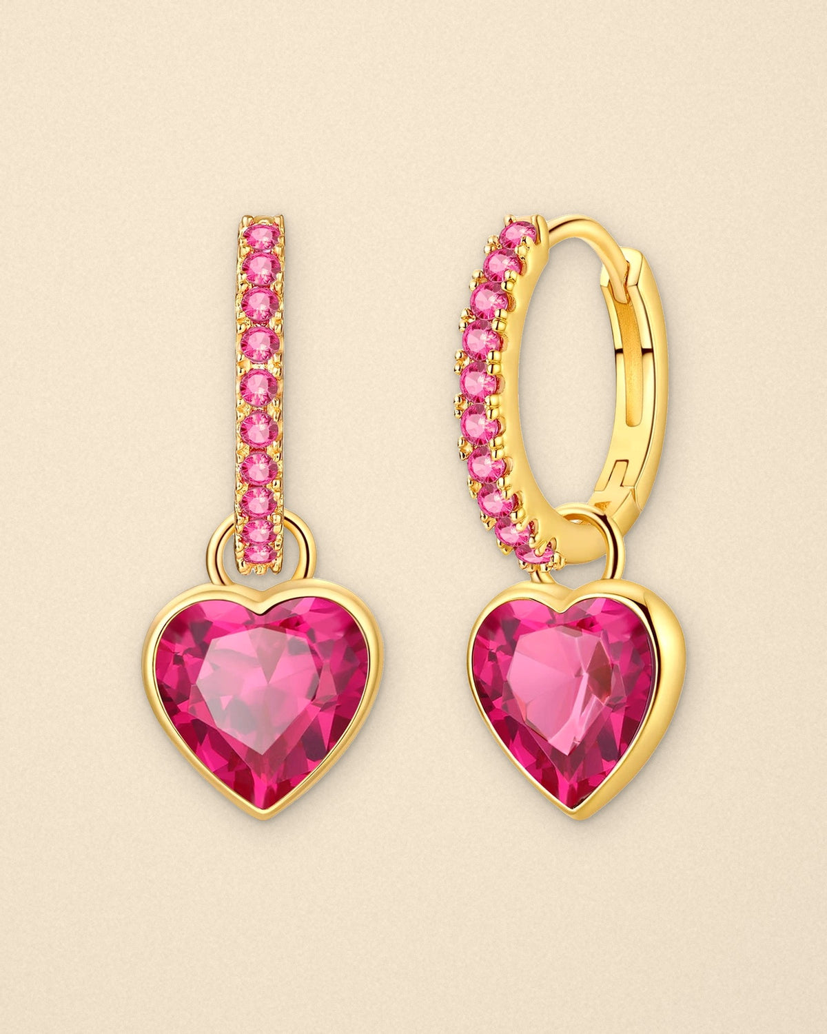 gold heart drop hoops with deep pink hearts
