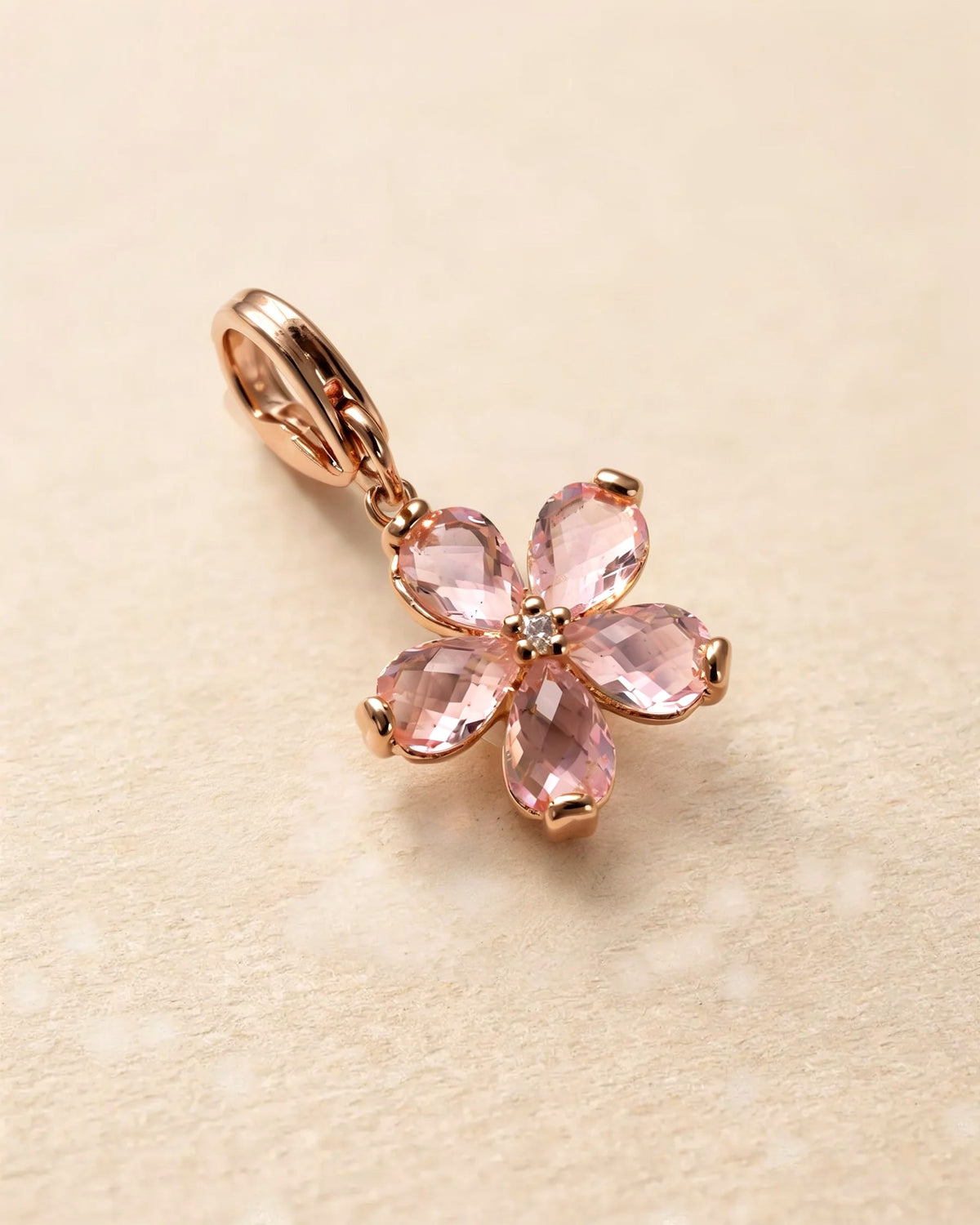 pink crystal flower charm, rose gold