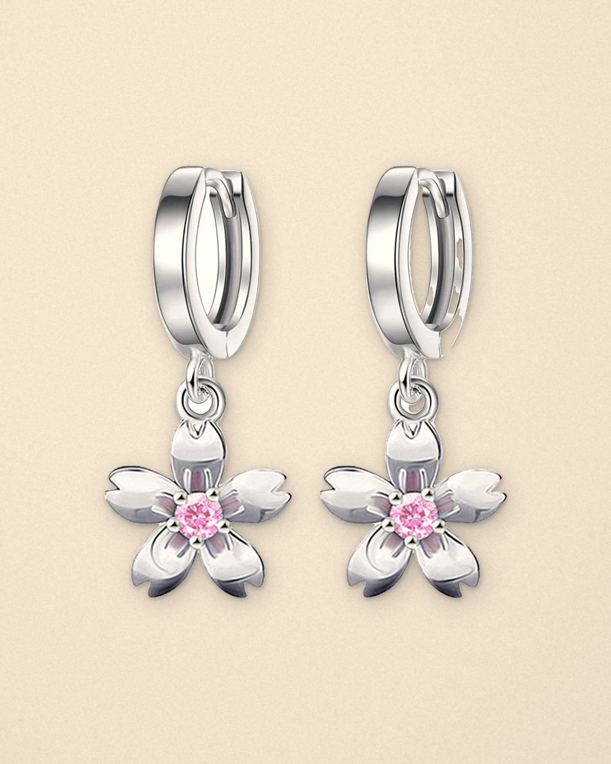sakura drop hoops, silver with white flower