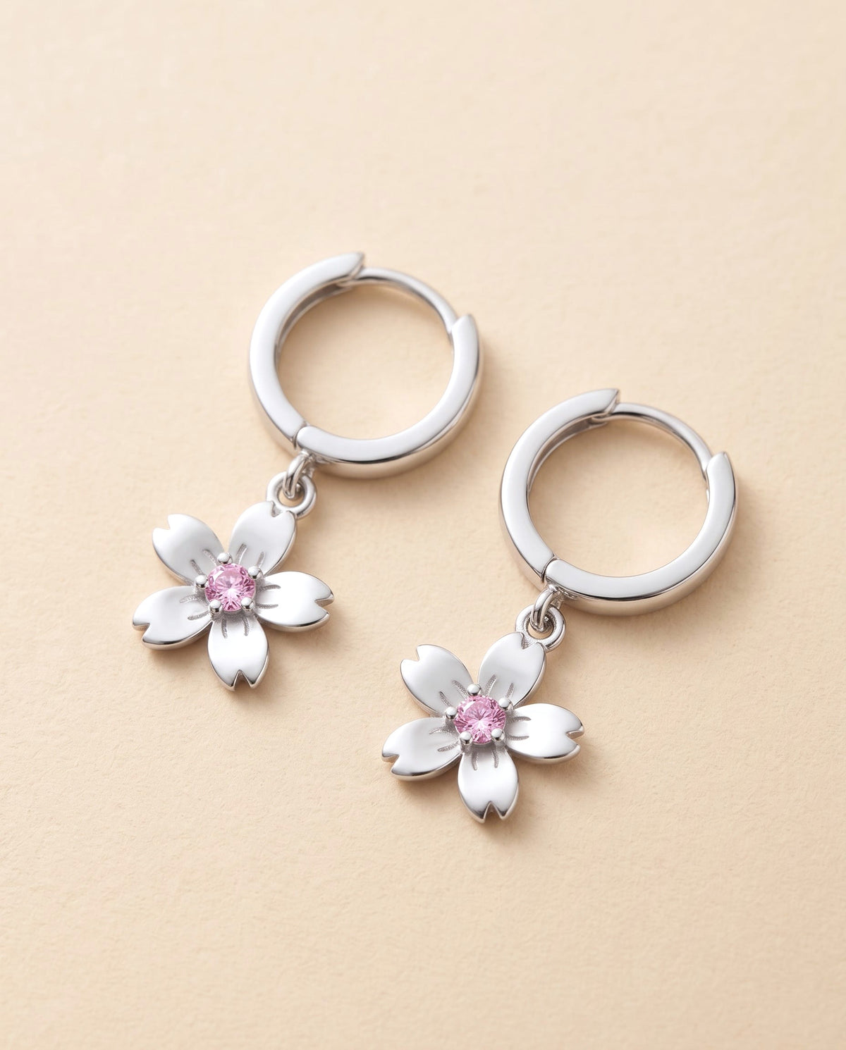 sakura drop hoops, silver with white flower and pink stone