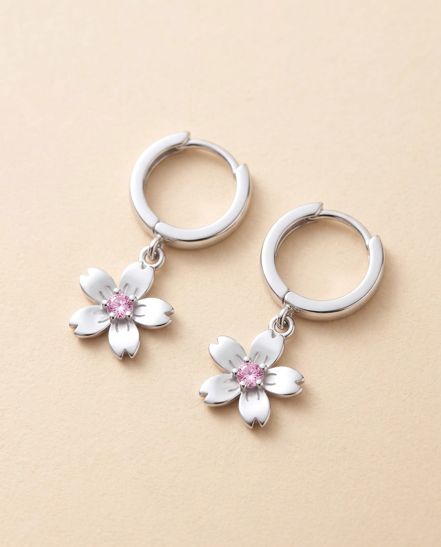 sakura drop hoops, silver with white flower and pink stone