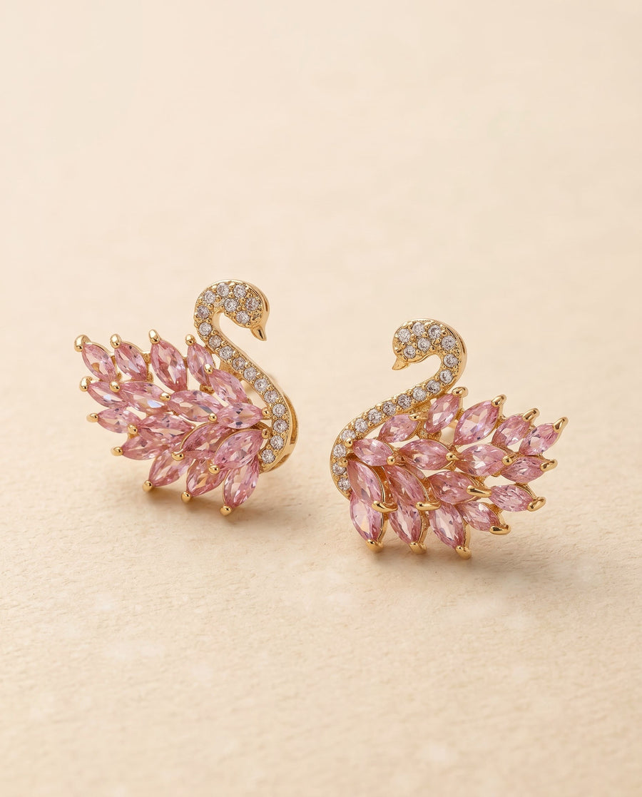 pink swan stud earrings, gold