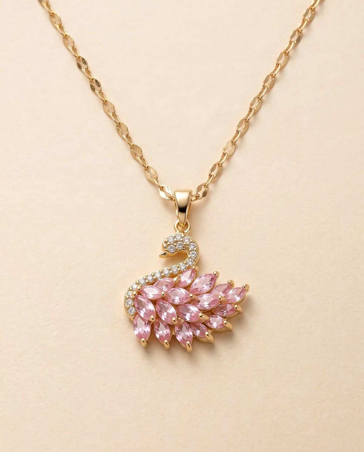 swan necklace with pink stones, gold